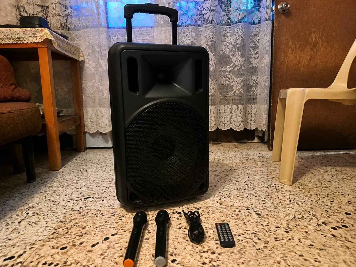 Portable karaoke speaker with 2 mics